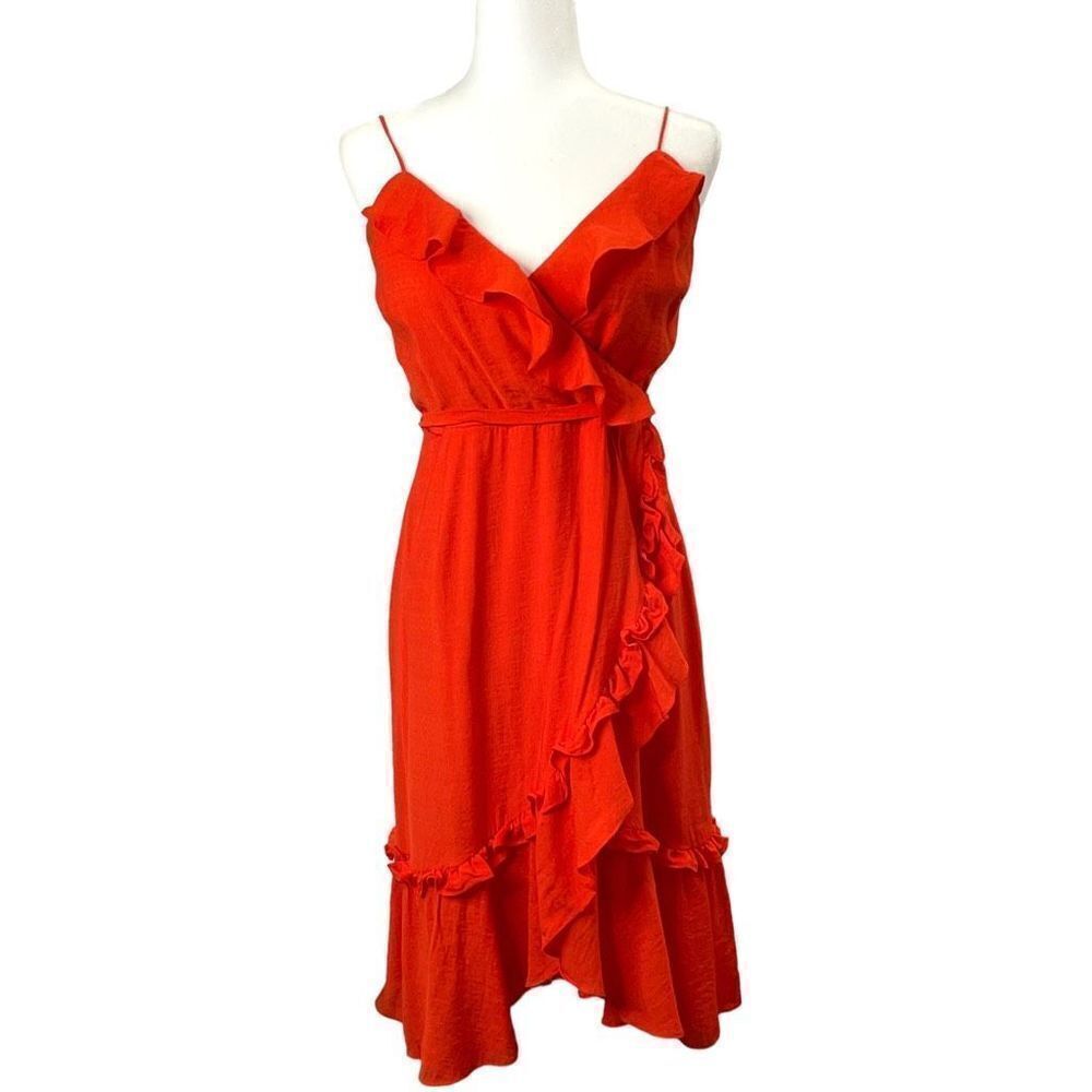 Bardot Zoe Wrap ruffle midi Dress In Flame Red‎ Size L - Picture 3 of 9